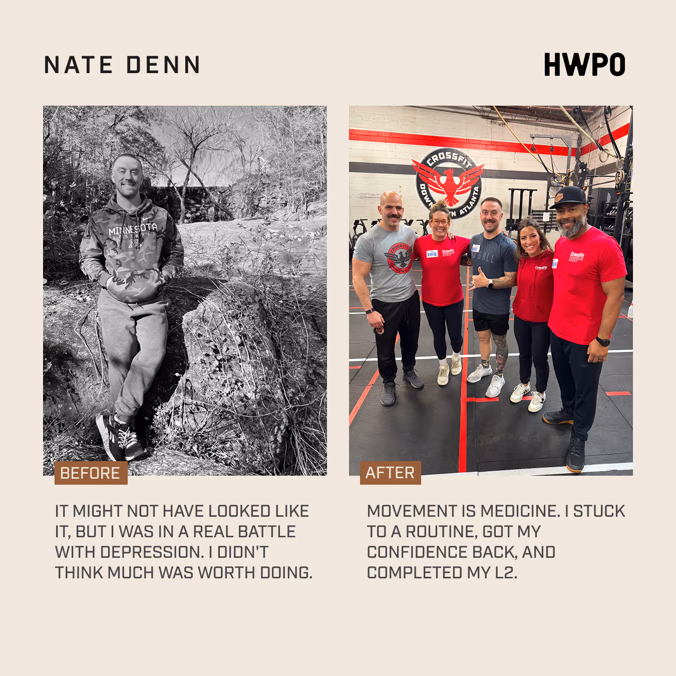 Before photo of Nate Denn casually leaning on a rock and after with five people in front of a CrossFit Atlanta logo.