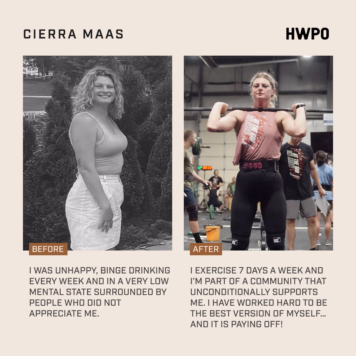 Before and after of Cierra Maas; before outdoors in casual clothes, after lifting a barbell.