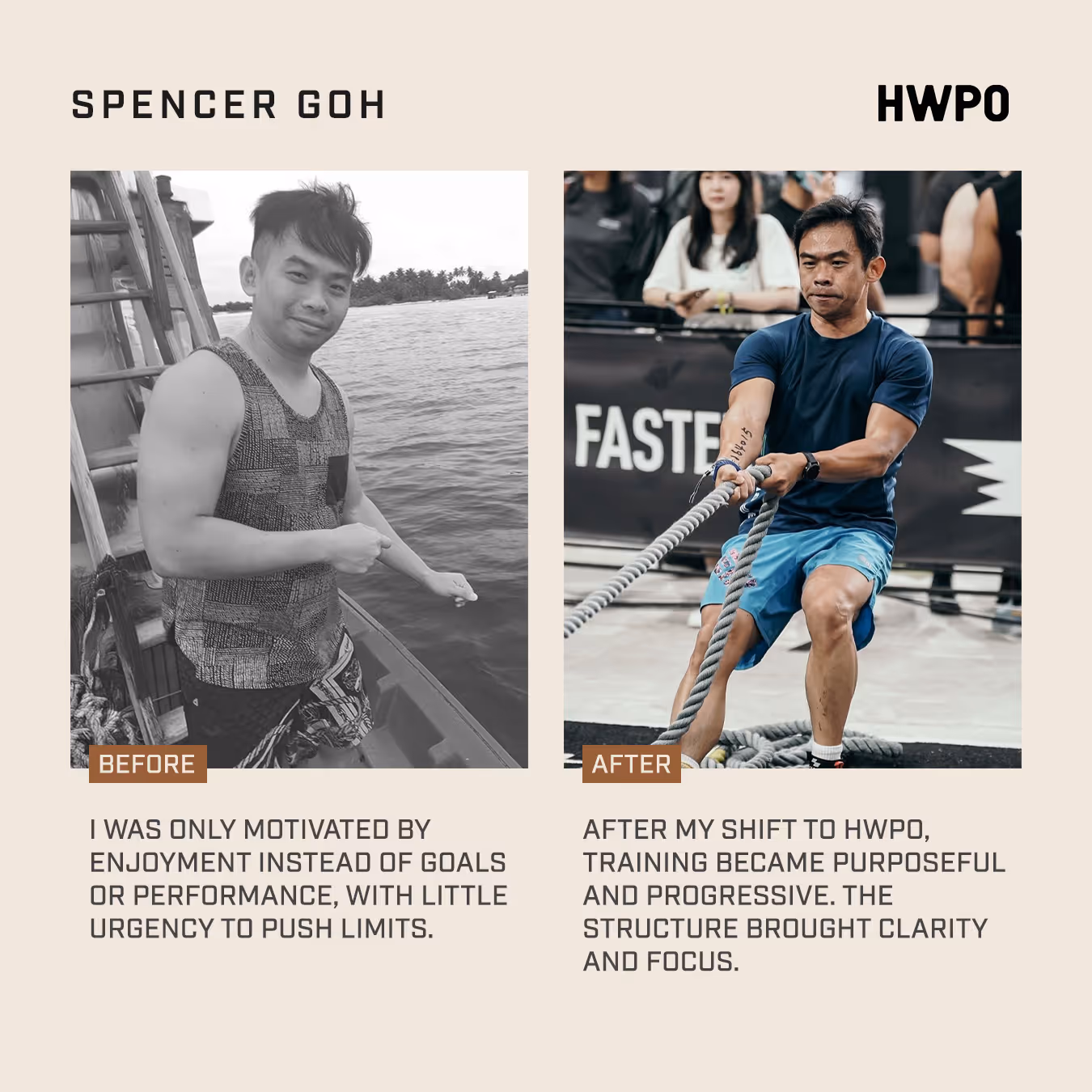 Before and after photos of Spencer Goh, with a before photo of him casually standing and an after photo of him doing a rope workout.