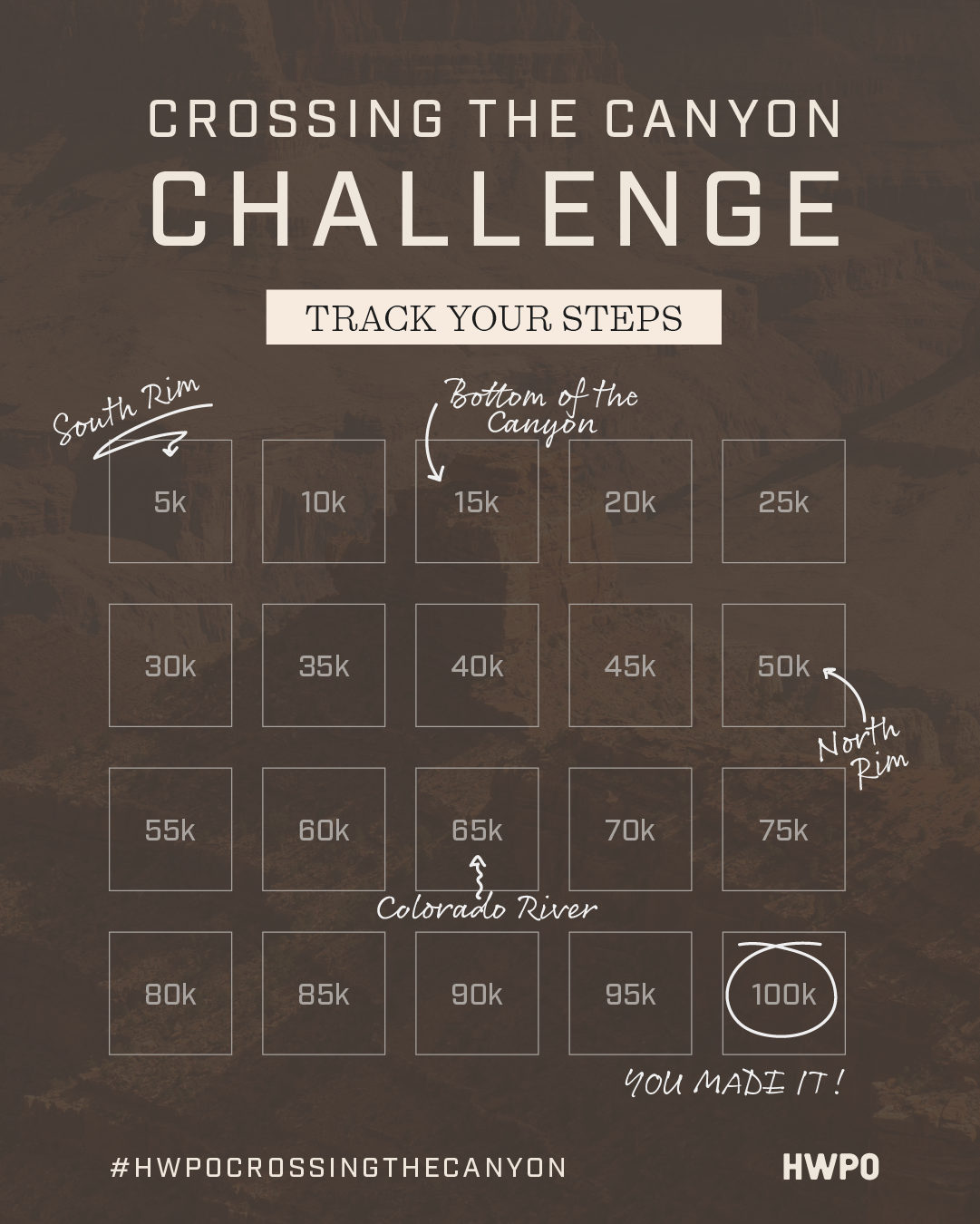 Crossing the Canyon Challenge step tracker grid with increments from 5k to 100k steps.