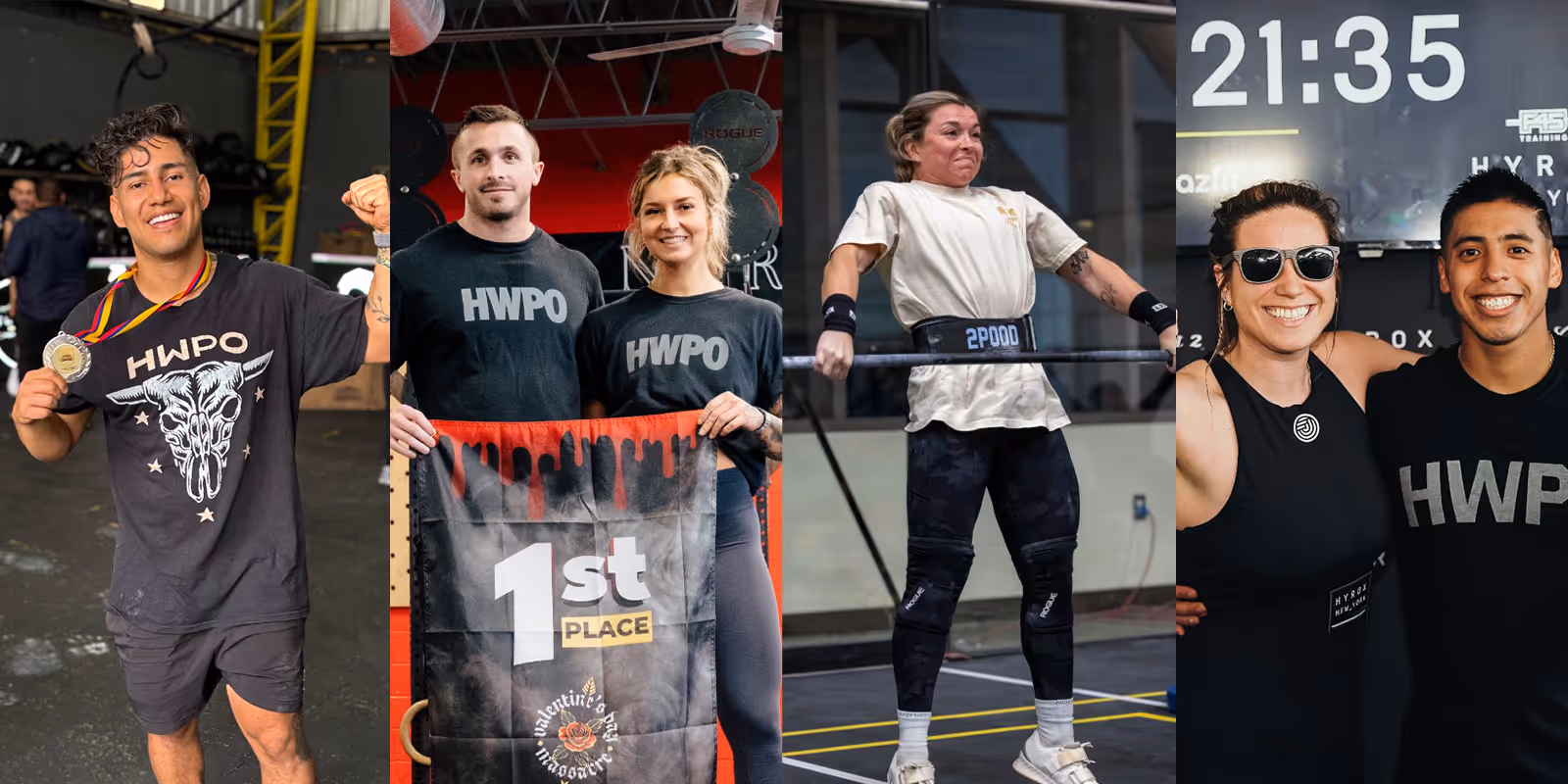 Collage of four images showing athletes at a weightlifting competition celebrating and posing with medals and banners.