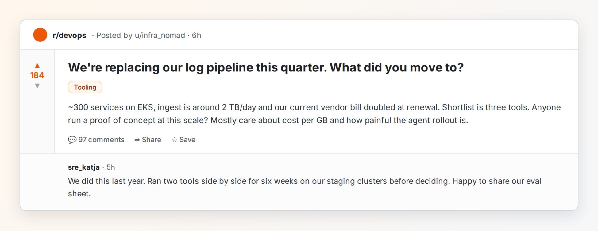 A community thread about replacing a log pipeline this quarter