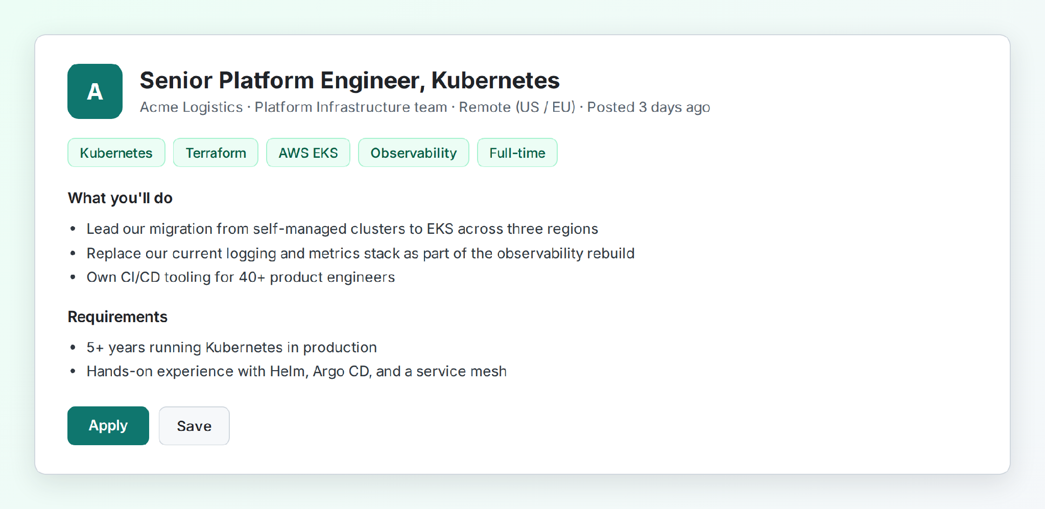 A job posting for a platform engineer that names Kubernetes, EKS and an observability rebuild