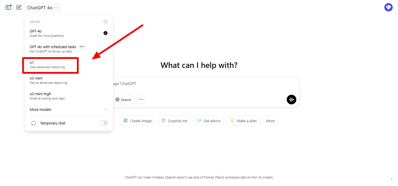 Selecting the ChatGPT o1 Model