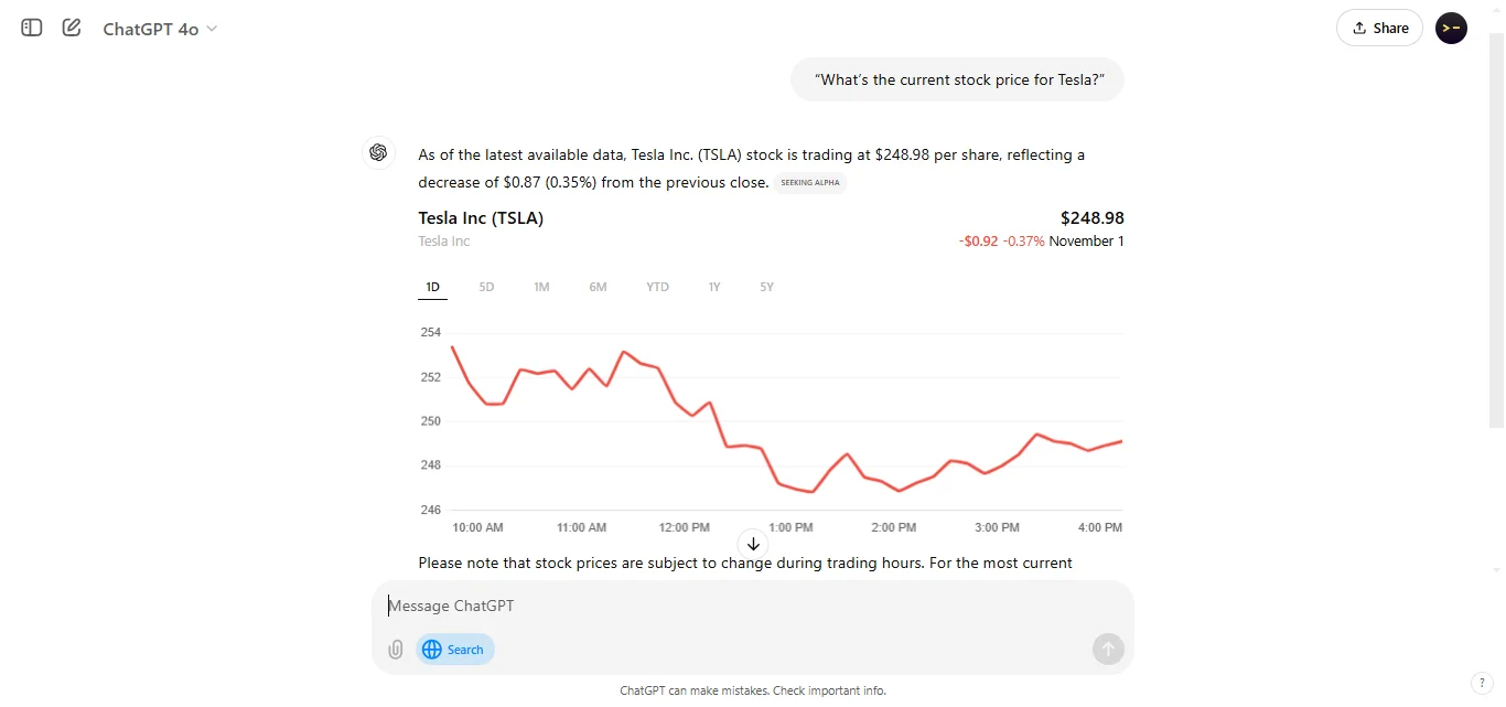Checking Stock Prices ChatGPT Response