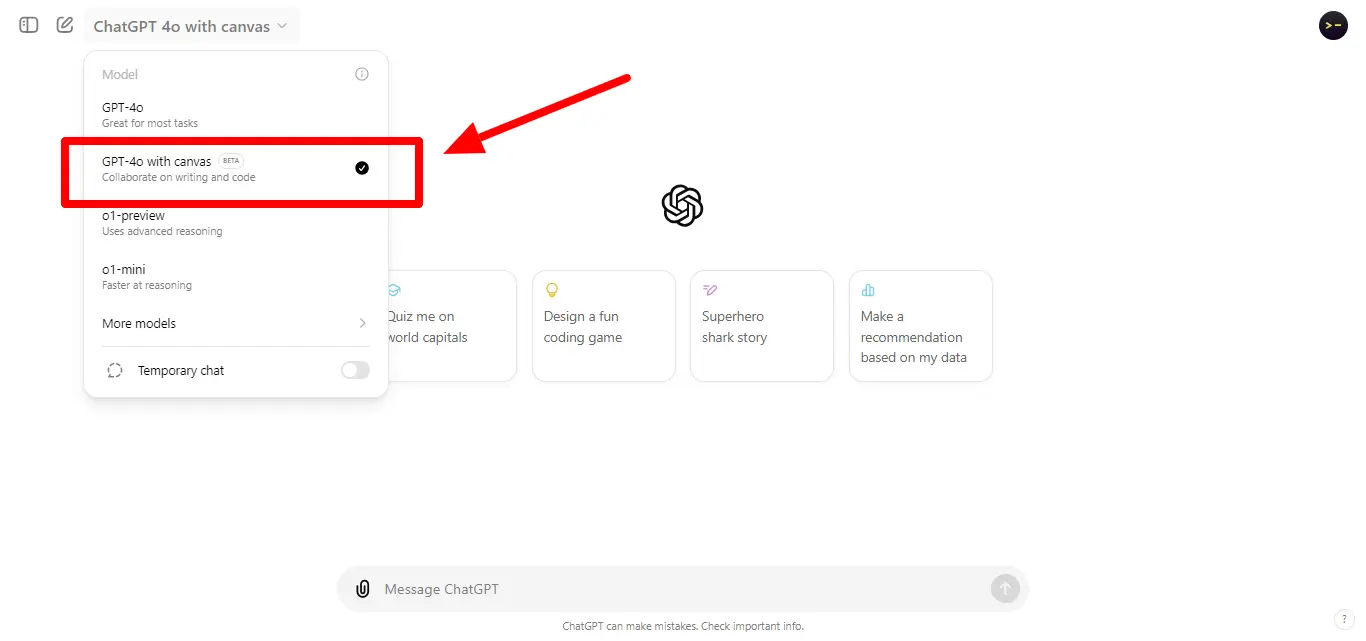 Selecting GPT-4o with Canvas
