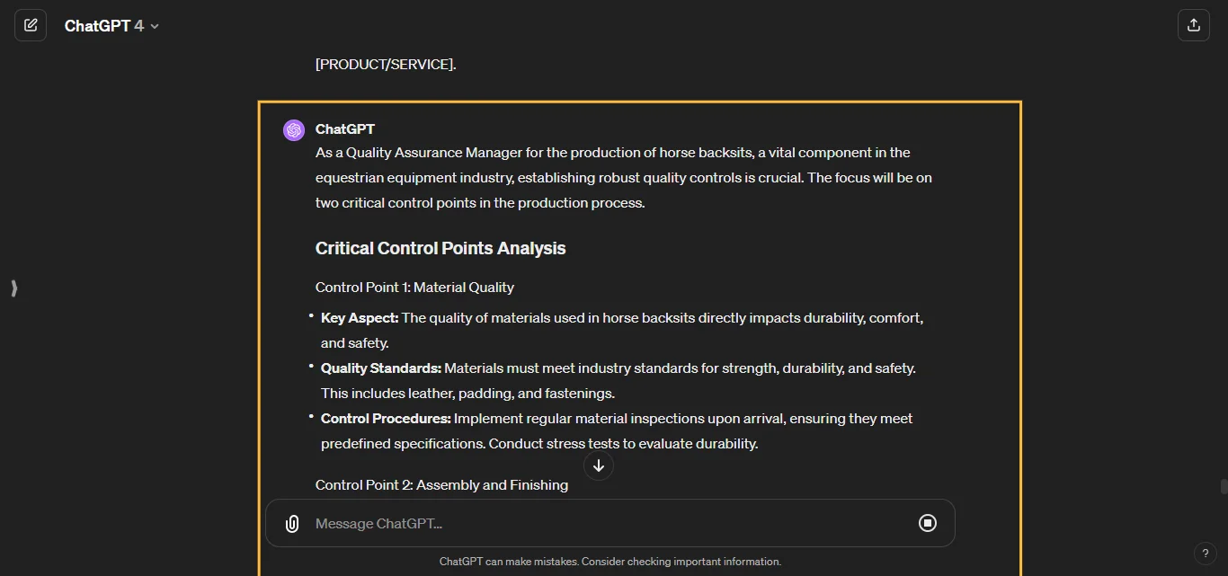 Implement Quality Controls ChatGPT Prompt