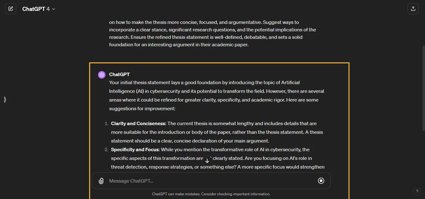 Refine thesis statement ChatGPT Prompt