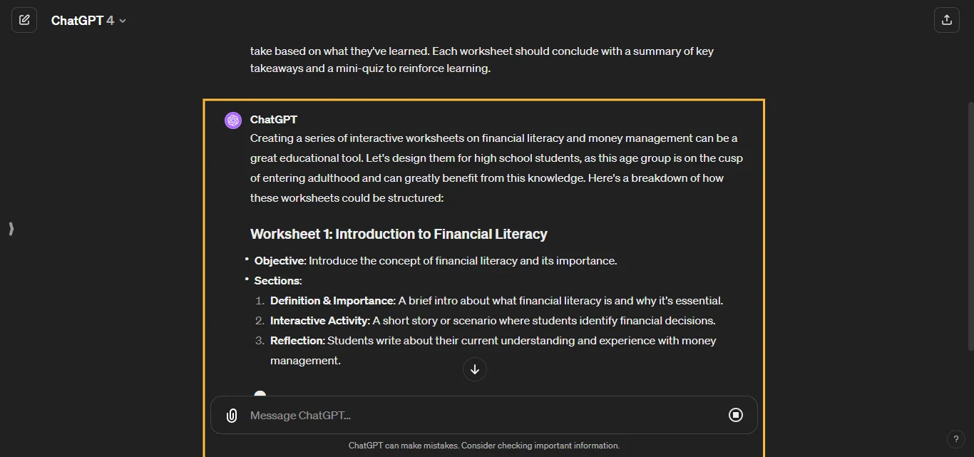 Create Worksheets ChatGpt Prompts