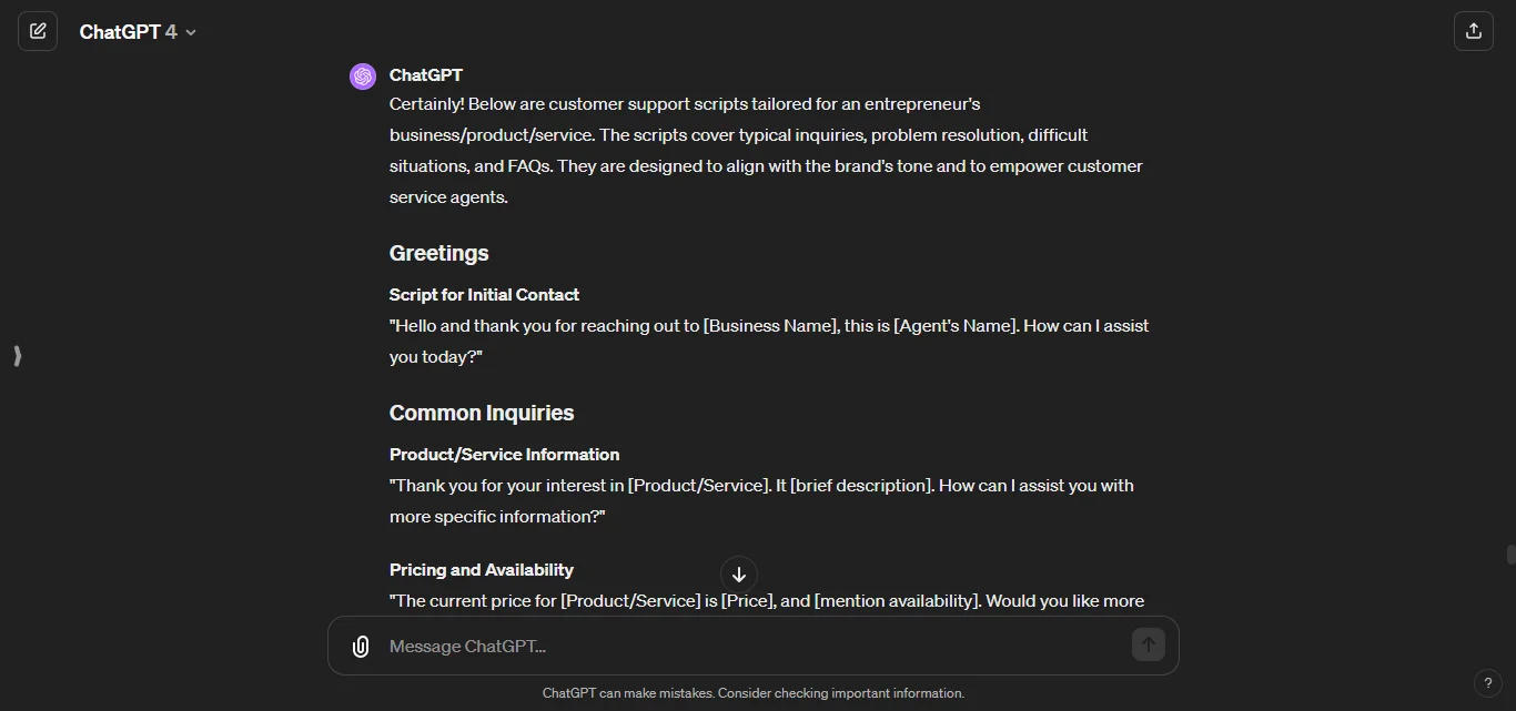 Customer support for entrepreneurs chatgpt prompt