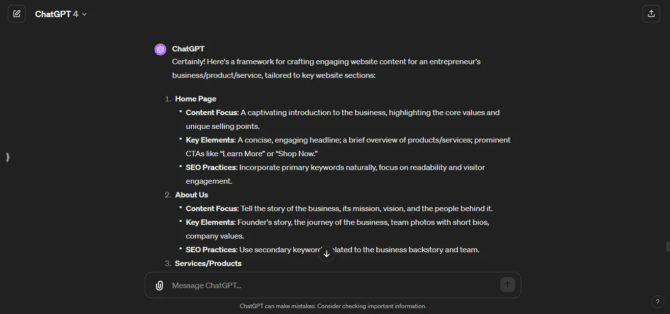 Website Content for entrepreneurs chatgpt prompt