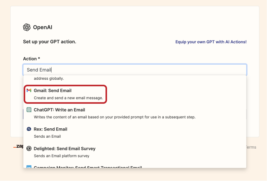 Choose the "Gmail: Send Email" (or any other platform) - Send Email Action 