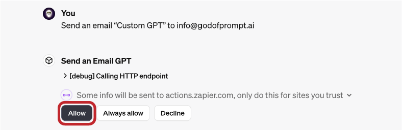 "Allow" or "Always allow" for actions.zapier.com inside Custom GPT created for this guide