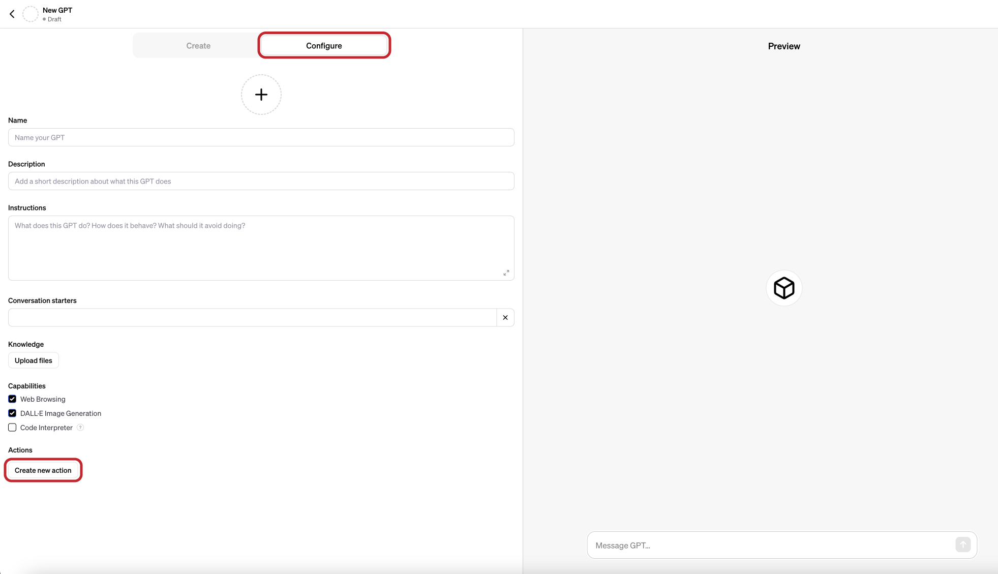 After you click on "Configure" tab inside Custom GPT Builder, proceed to clicking on "Create new action".