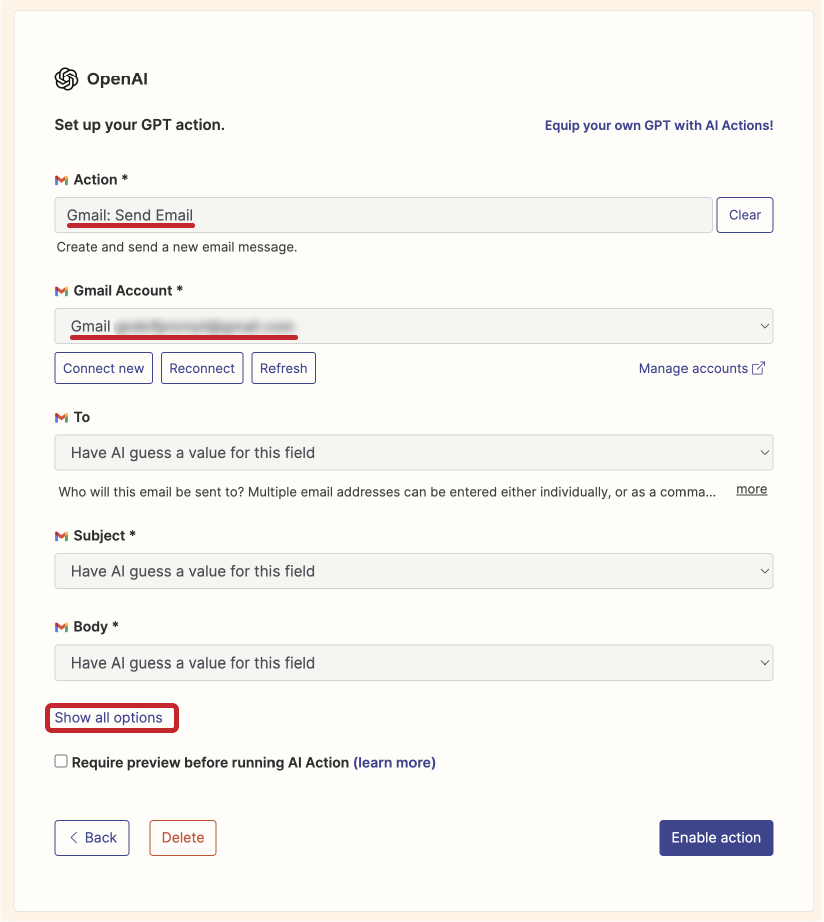 Show all options inside Zapier's AI Actions