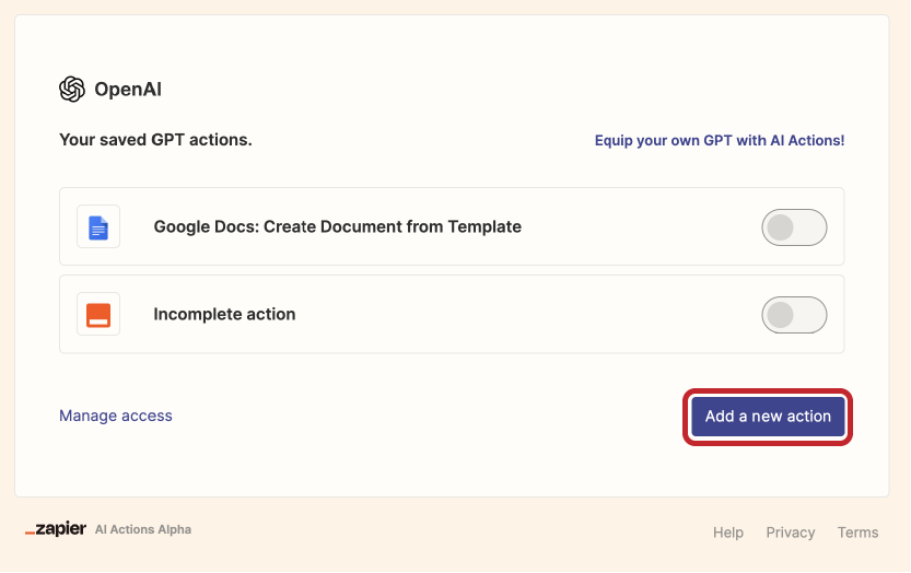 Add a new action inside Zapier after you logged into your Zapier account.