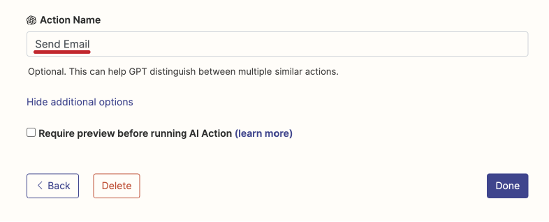 Send Email Action Name inside Zapier's interface