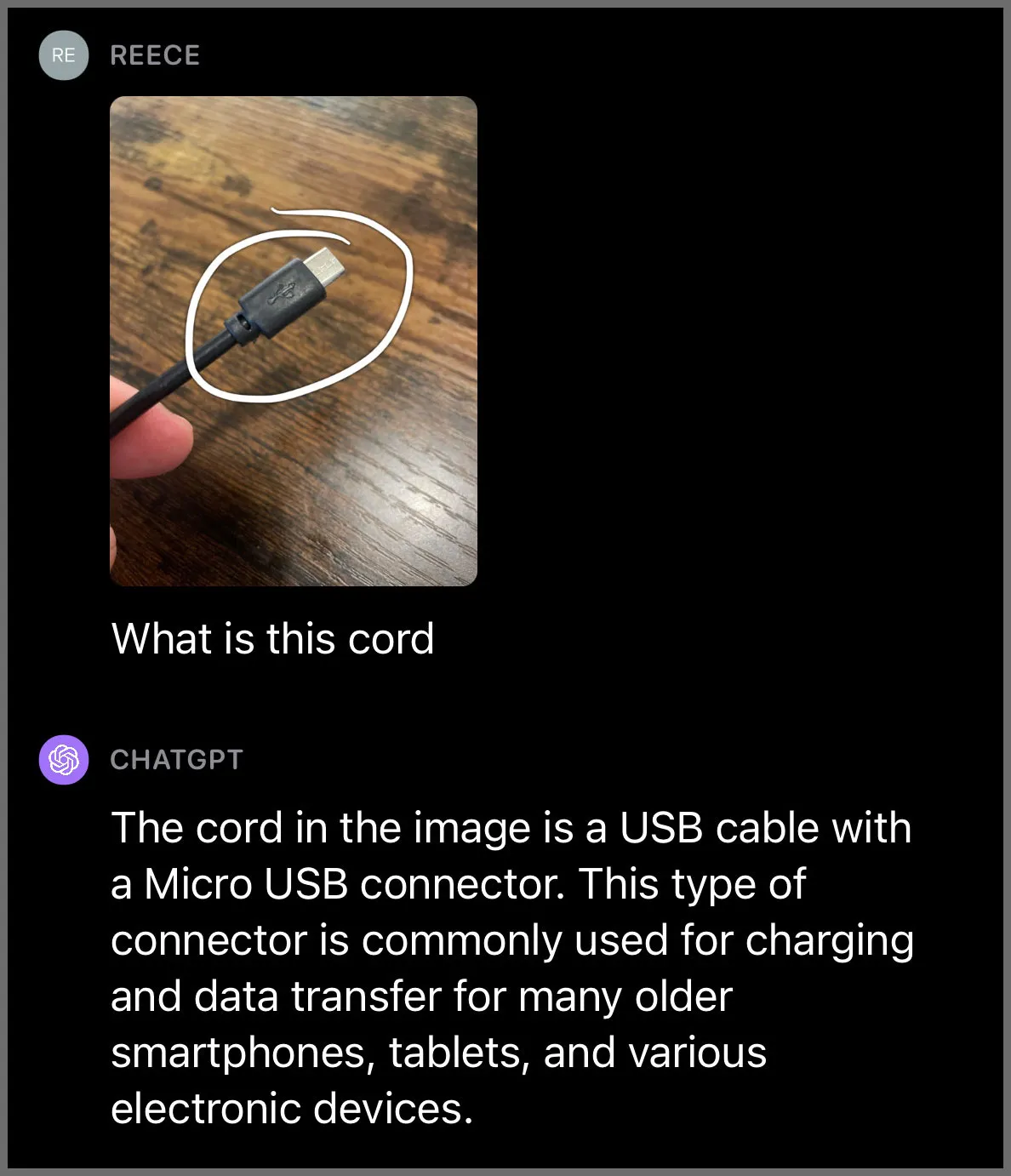 Here's ChatGPT giving a review of the image where the USB cable is highlighted.