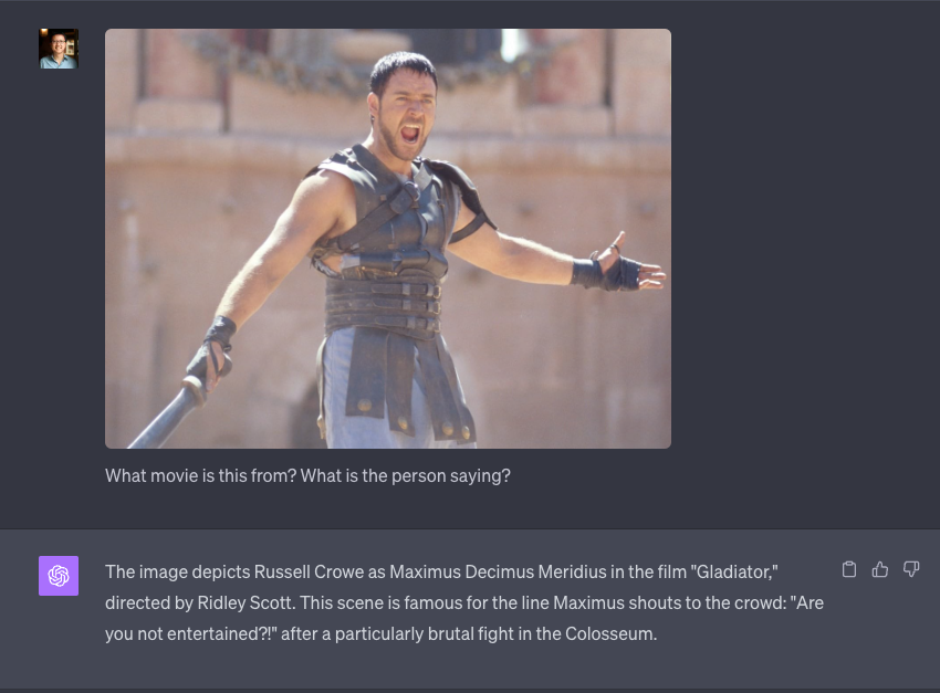 Twitter user @petergyang shares ChatGPT's accurate analysis of Russel Crowe in the image, including the film he is in.