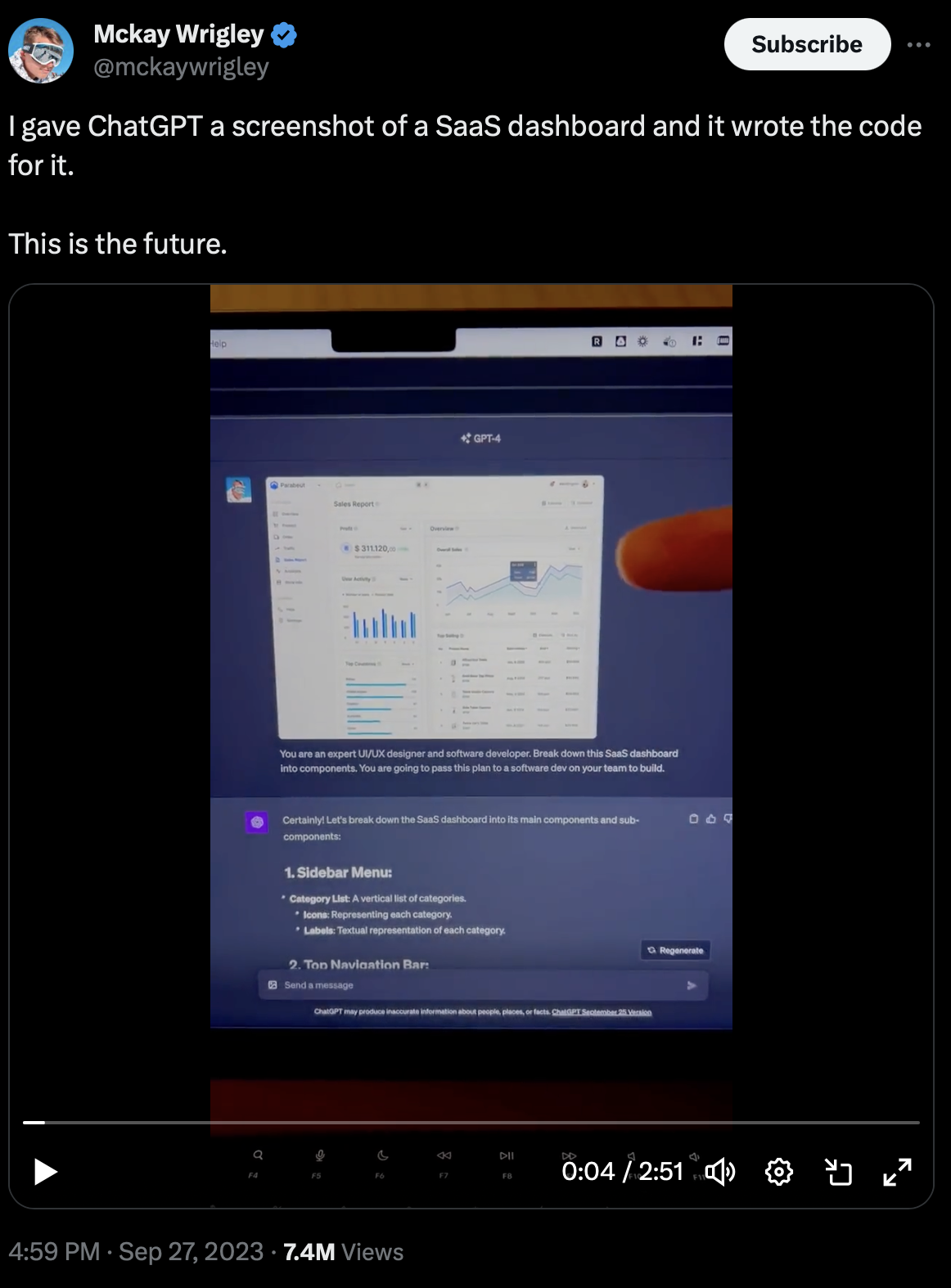 Twitter user @Mckaywrigley shares ChatGPT's ability to write code based on a SaaS dashboard image.