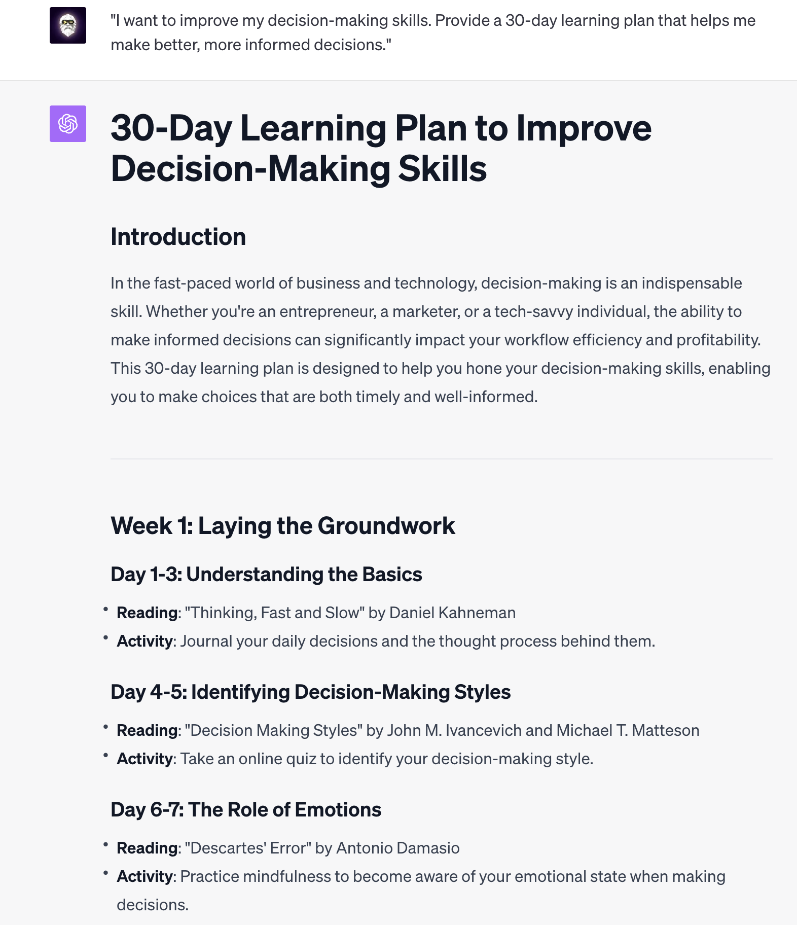 ChatGPT gave me valuable 30-day plan to improve my decision-making skills.