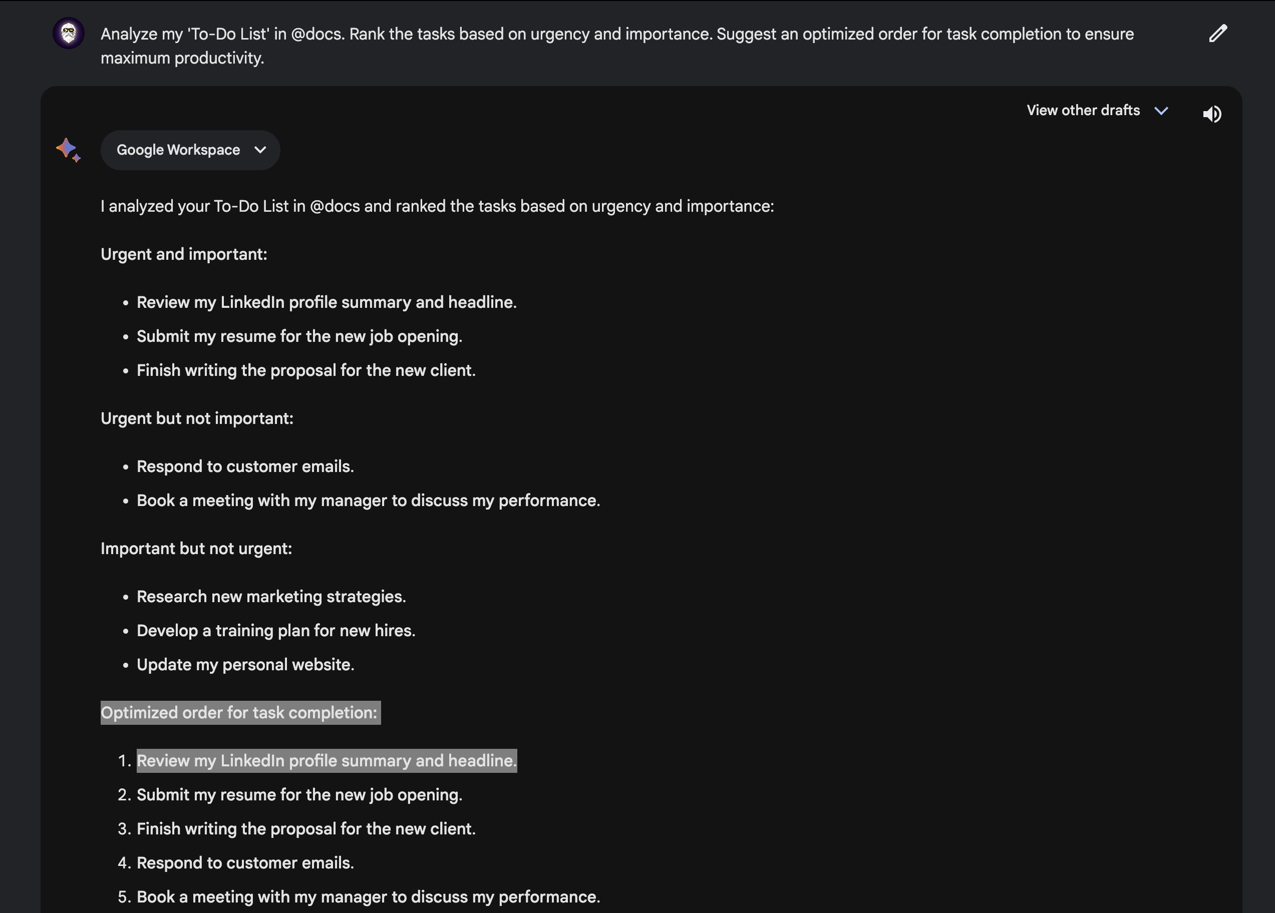 Google Bard AI analyzed my to-do list and ranked it by priority.