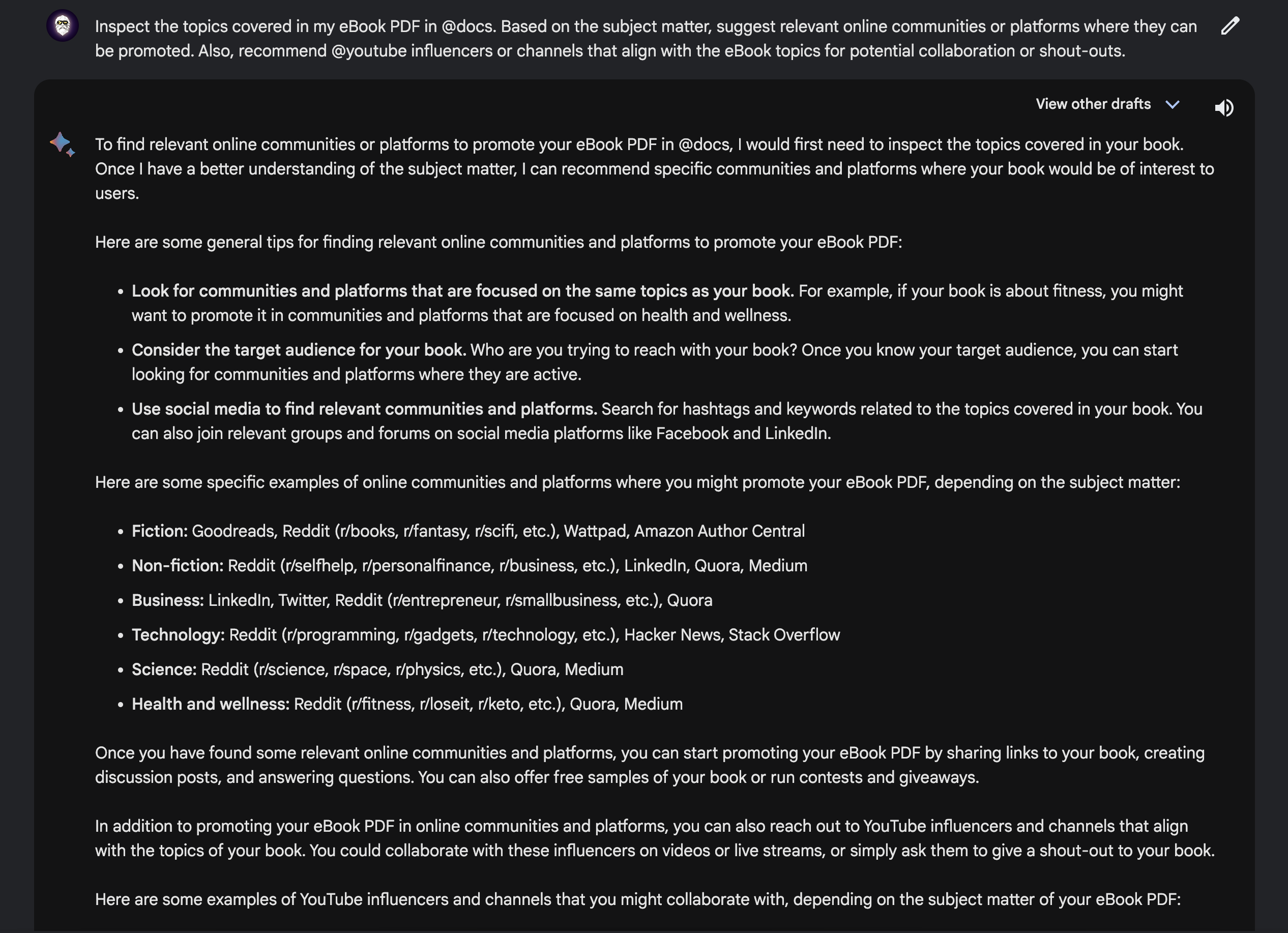 Google's Bard AI suggested me /r/smallbusiness, /r/entrepreneur and other tips on influencers to promote my eBook.