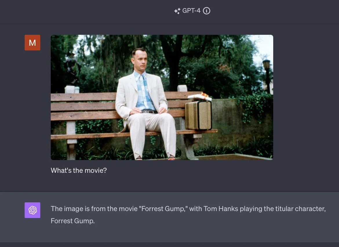 Twitter user sharing ChatGPT's new ability to analyze images, screengrab of Tom Hanks from "Forrest Gump"