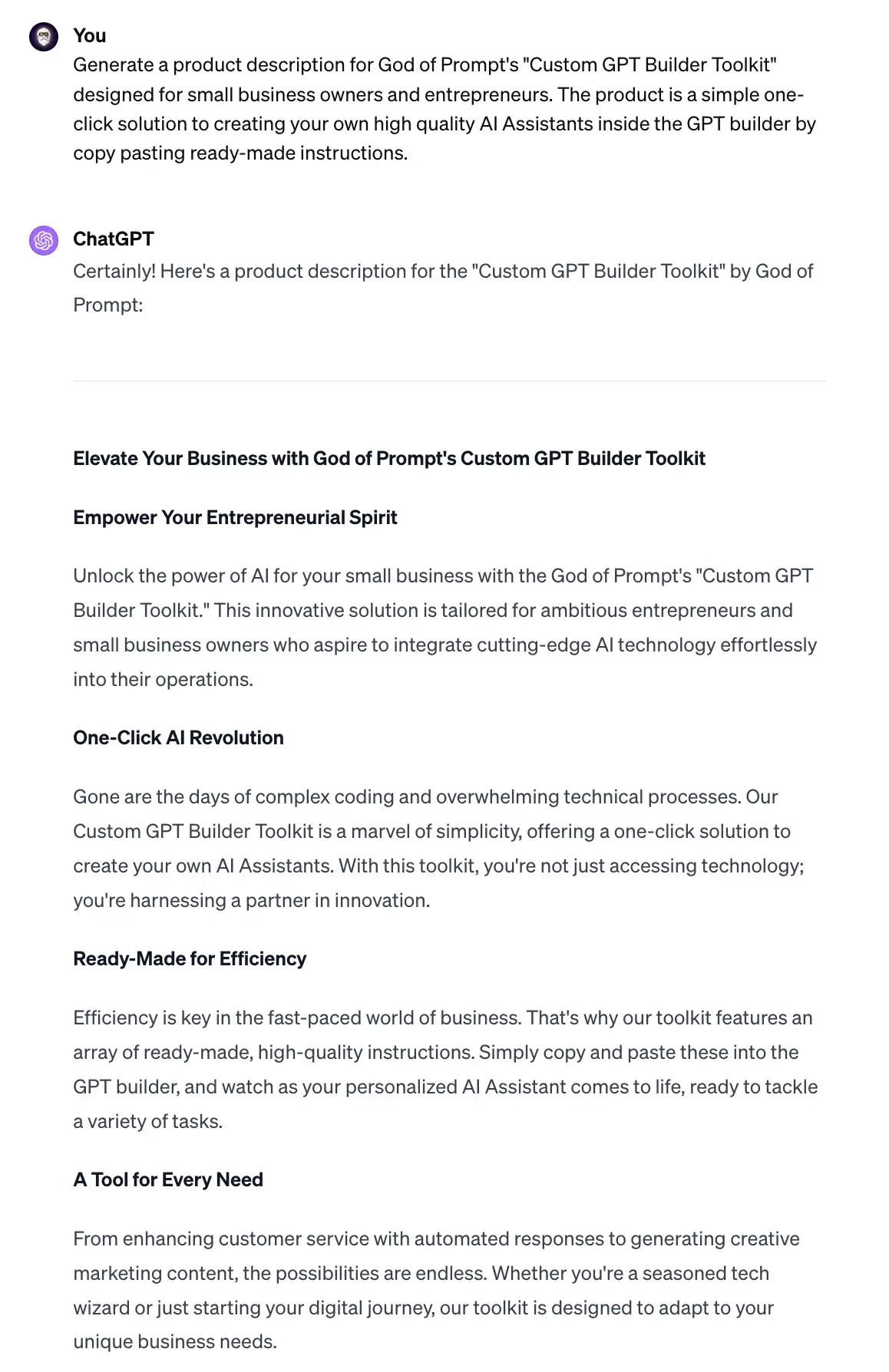 Generating a product description inside ChatGPT-4 for "Custom GPTÂ Builder Toolkit"Â product by God of Prompt.