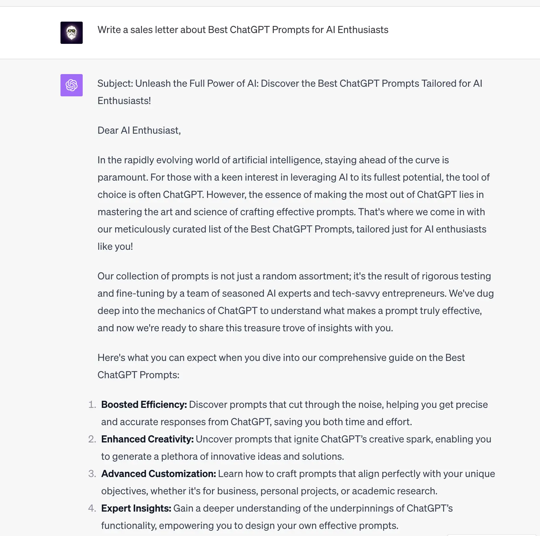 ChatGPT wrote a sales letter for AI Enthusiasts, creating an effective sales copy for "Best ChatGPT Prompts".