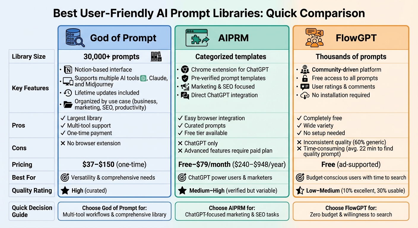 Comparison of Top 3 AI Prompt Libraries: Features, Pricing, and Use Cases