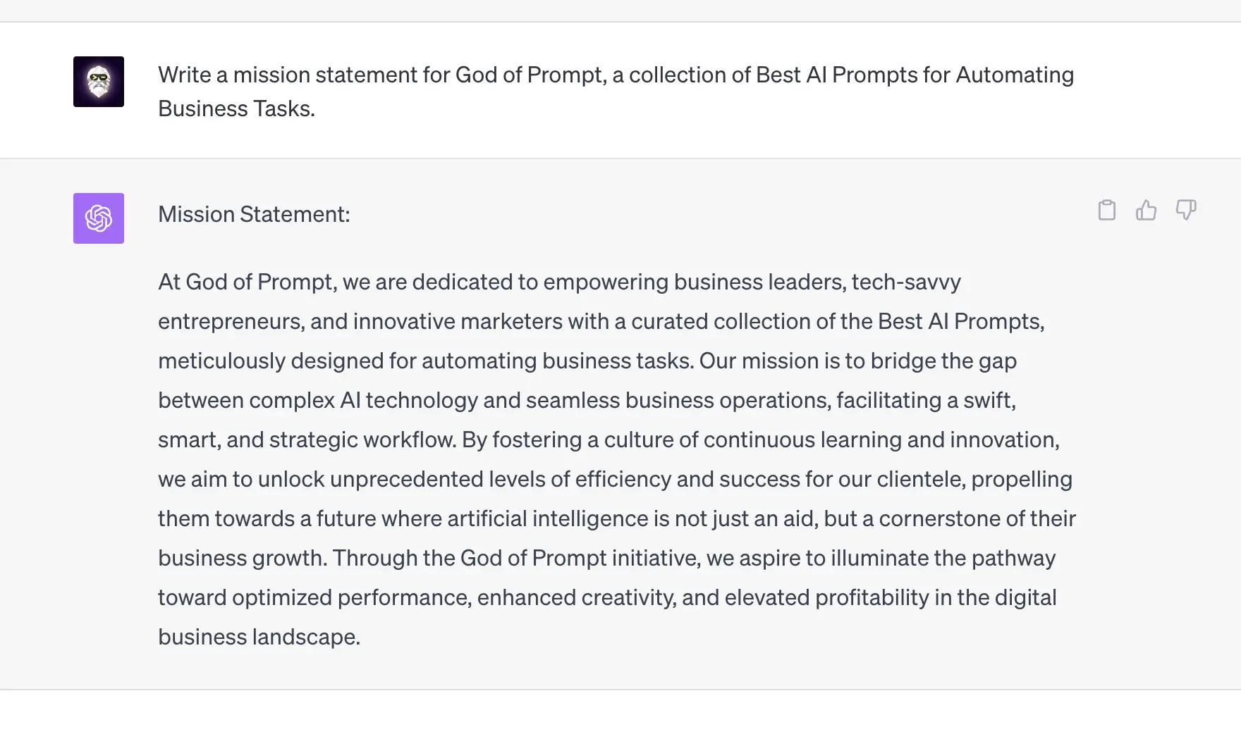 ChatGPT generated a mission statement for God of Prompt's business, a collection of Best AI Prompts.