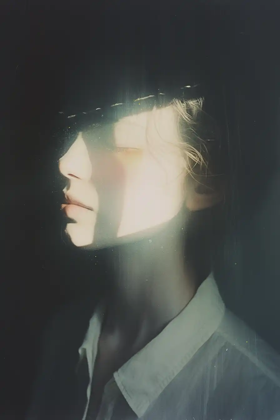 Midjourney AI Prompt: Superia X-TRA 400 film still, the solarized, absurd photography portrait, minimalism. In the style of dramatic documentary portrait photography --ar 2:3 --style raw --stylize 500 --niji 6‍