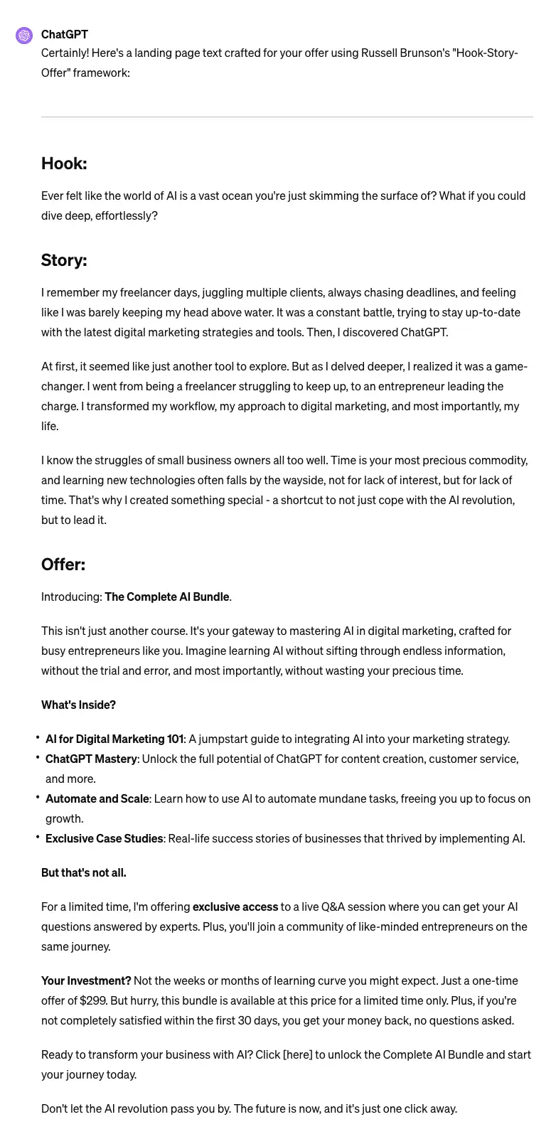 ChatGPT output after using a mega-prompt for landing page copy