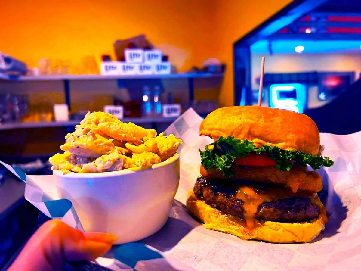 Our Famous LakeView Tavern Smash Burger with Patty Mell  plate (caramelized onion, Russian / Gruyere Melted on Rye).