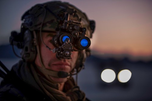A soldier wearing Elbit night vision goggles