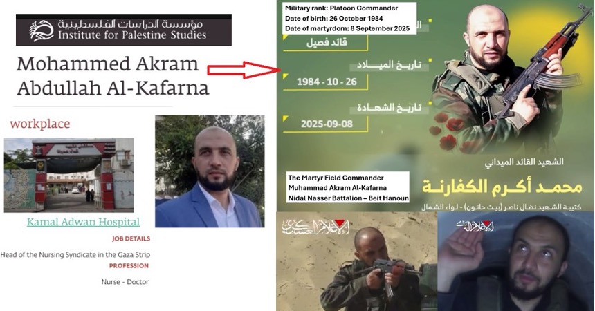 Flyers of al-Kafarna detailing his "nursing job" as well as Hamas propaganda pictures of him as a fighter