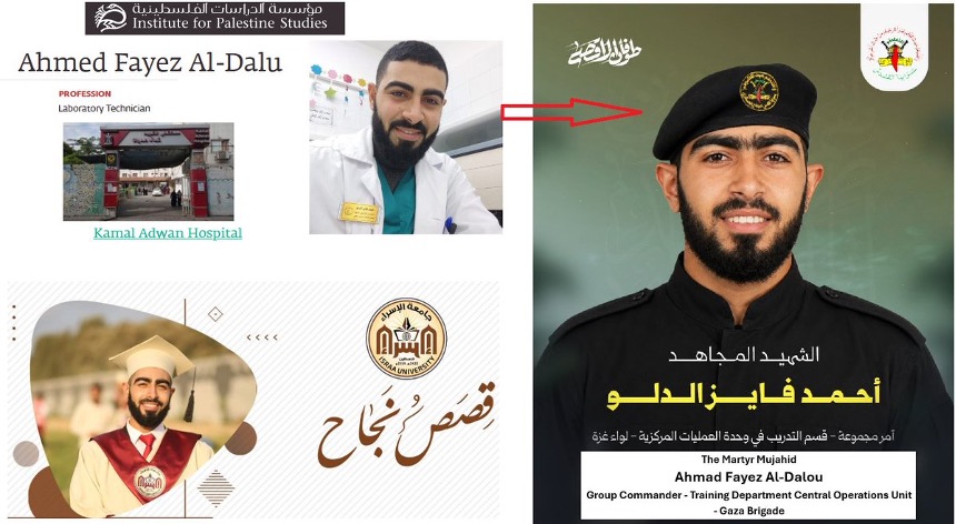 Al-Dalu being featured as a "nurse" in online posts, side by side PIJ announcing his death as a commander