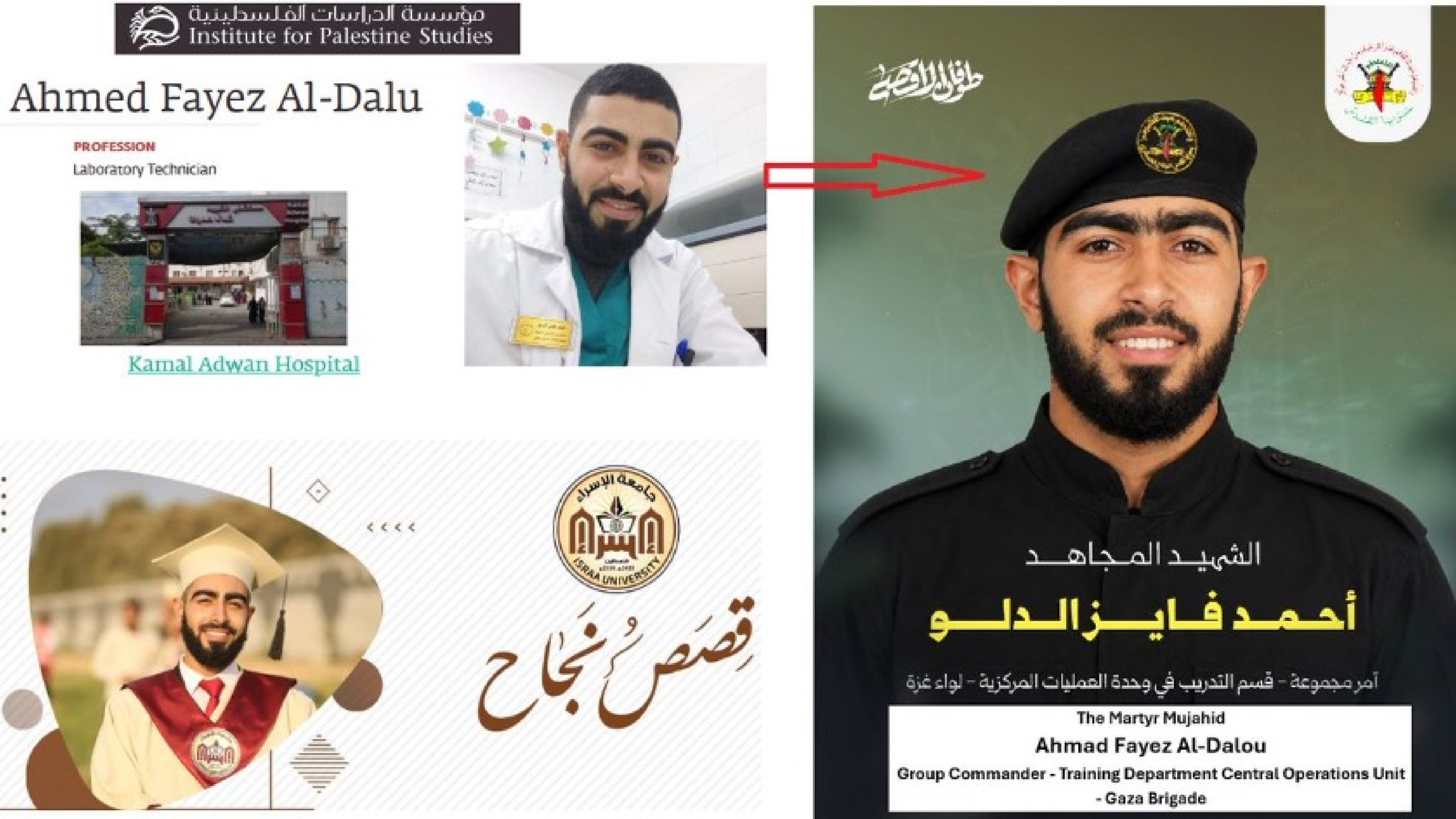 Al-Dalu being featured as a "nurse" in online posts, side by side PIJ announcing his death as a commander