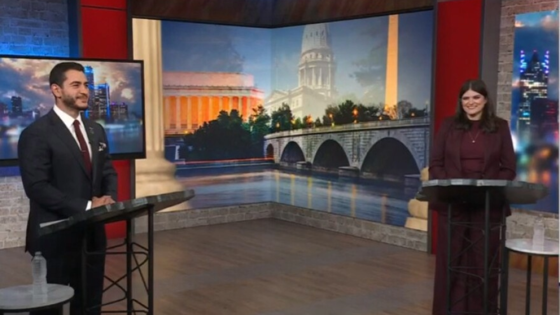 Haley Stevens and Abdul El-Sayed on the debate stage.