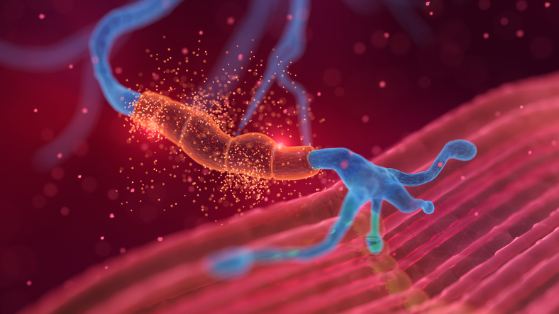 Medical illustration of a nerve-like structure surrounded by glowing particles.