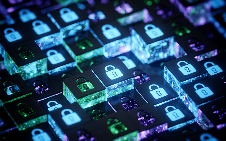 Glowing padlock icons on digital blocks, representing cybersecurity and data protection.