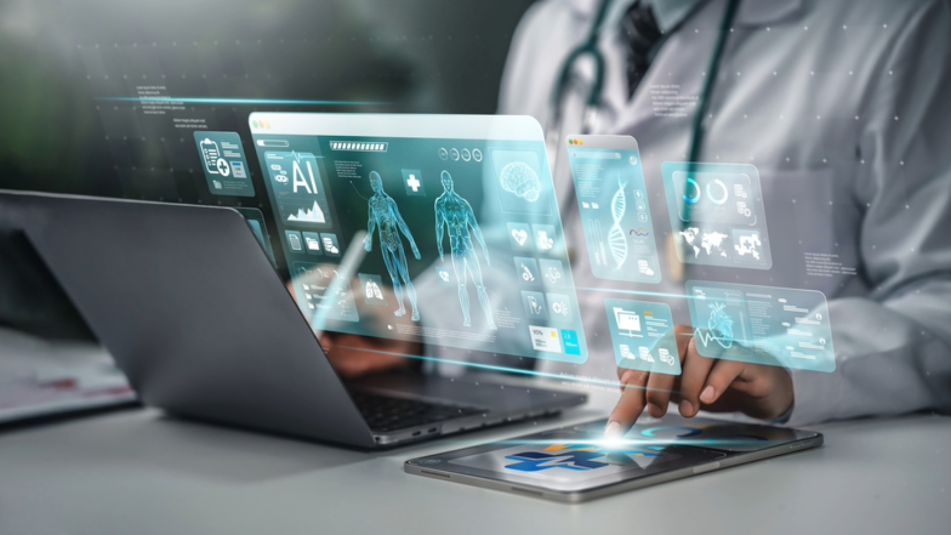 A healthcare professional using digital devices with AI-powered medical displays.