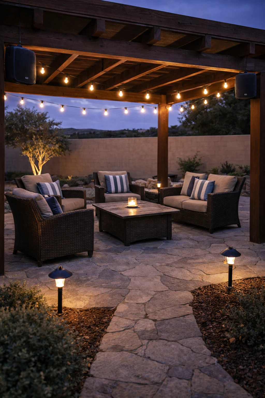 Cozy outdoor patio with wicker chairs, striped pillows, string lights, and a candle-lit table under a wooden pergola at dusk.