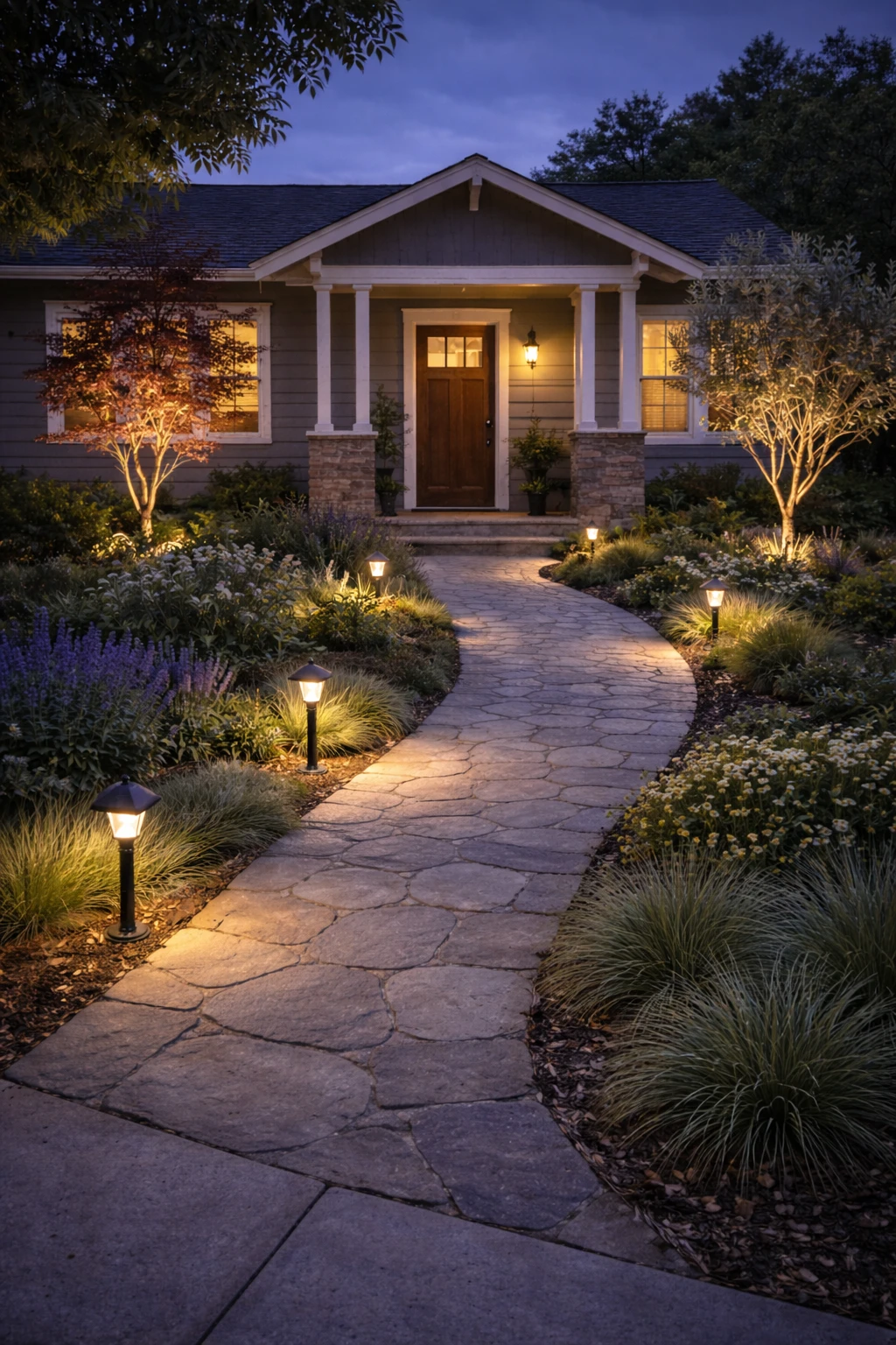 Curved stone pathway with illuminated garden lights leading to a front porch of a house at dusk.