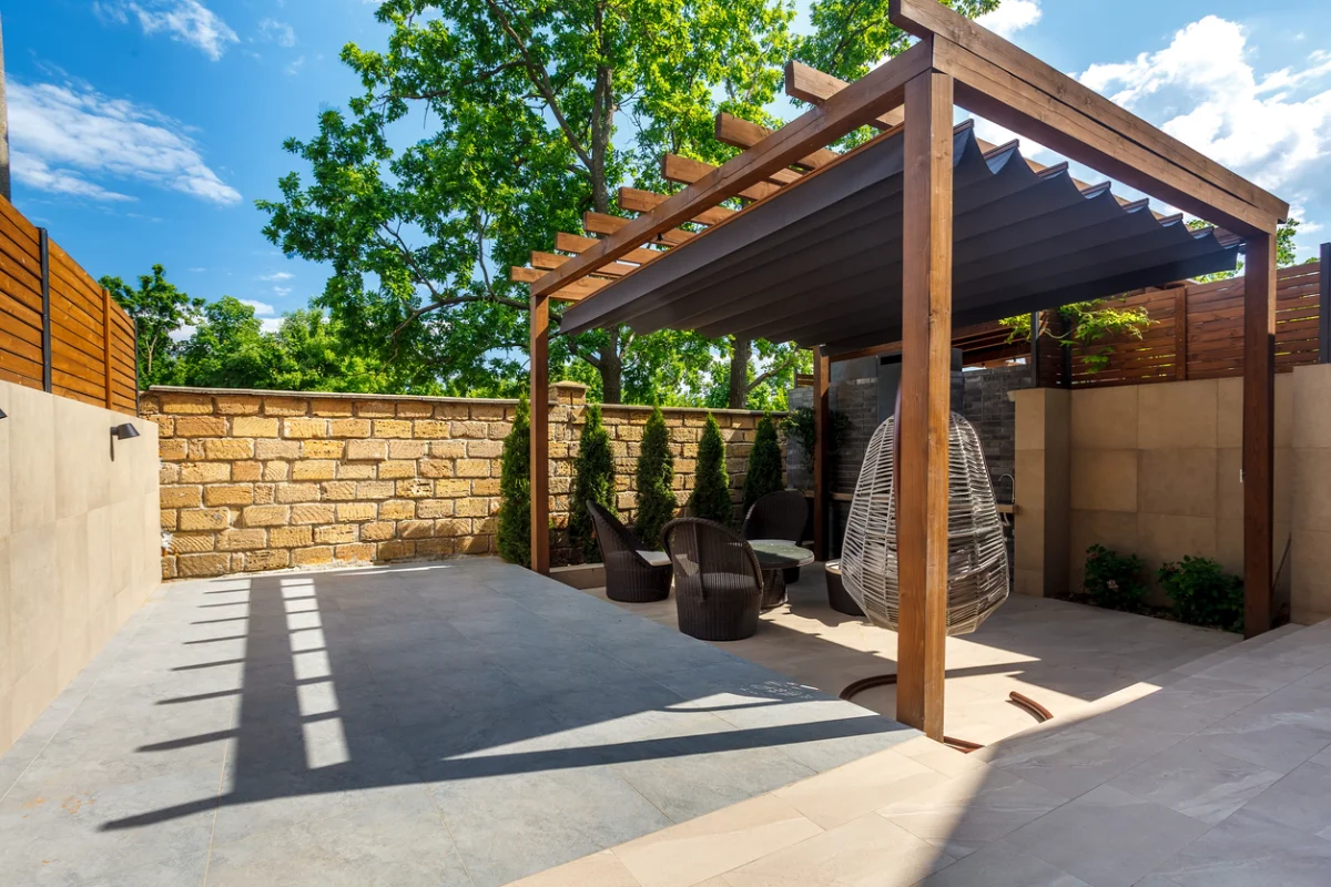 Custom pergola installation over a residential patio