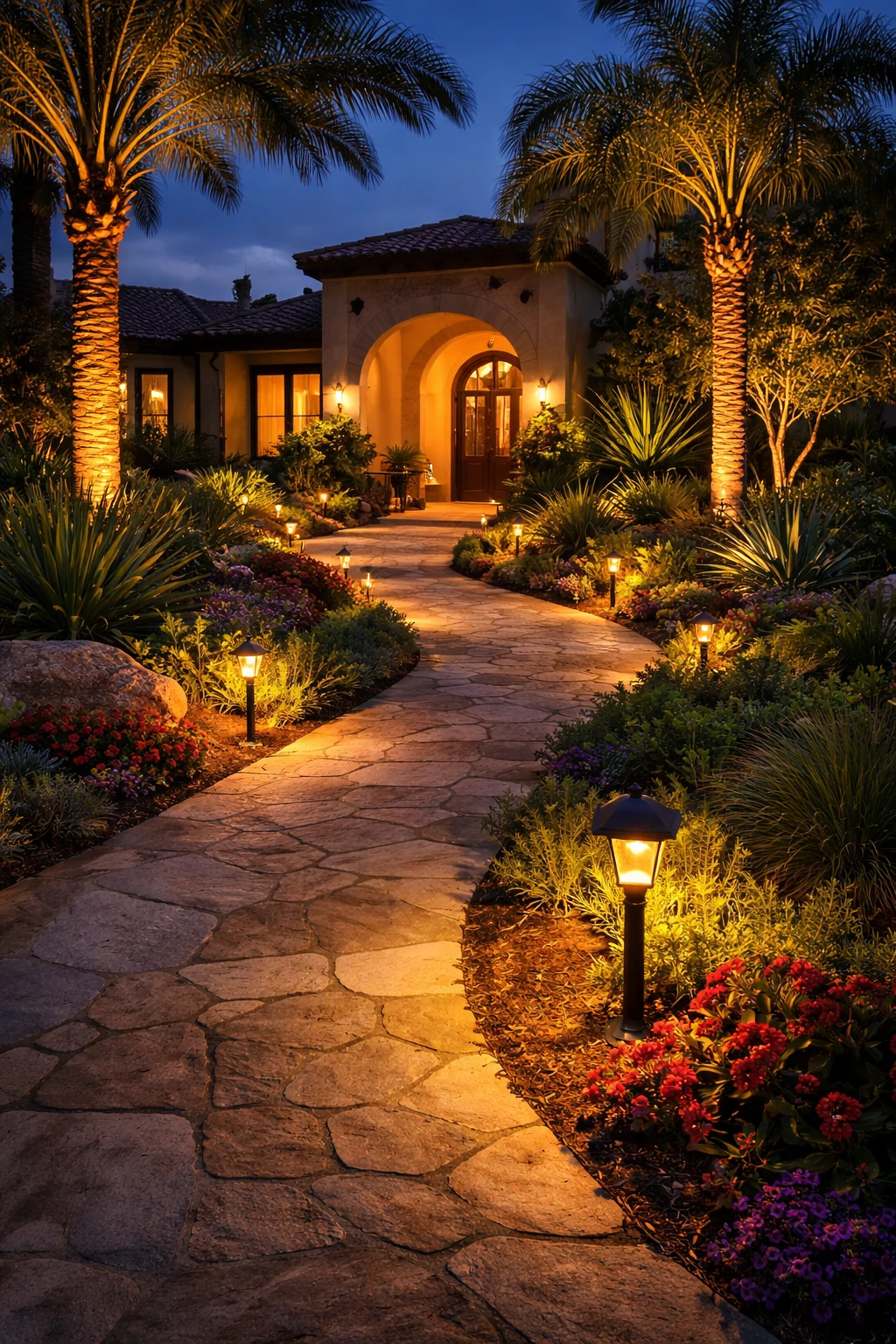 Backyard patio with a covered pergola, ceiling fans, a table holding boxes, artificial grass, and a two-story beige house.