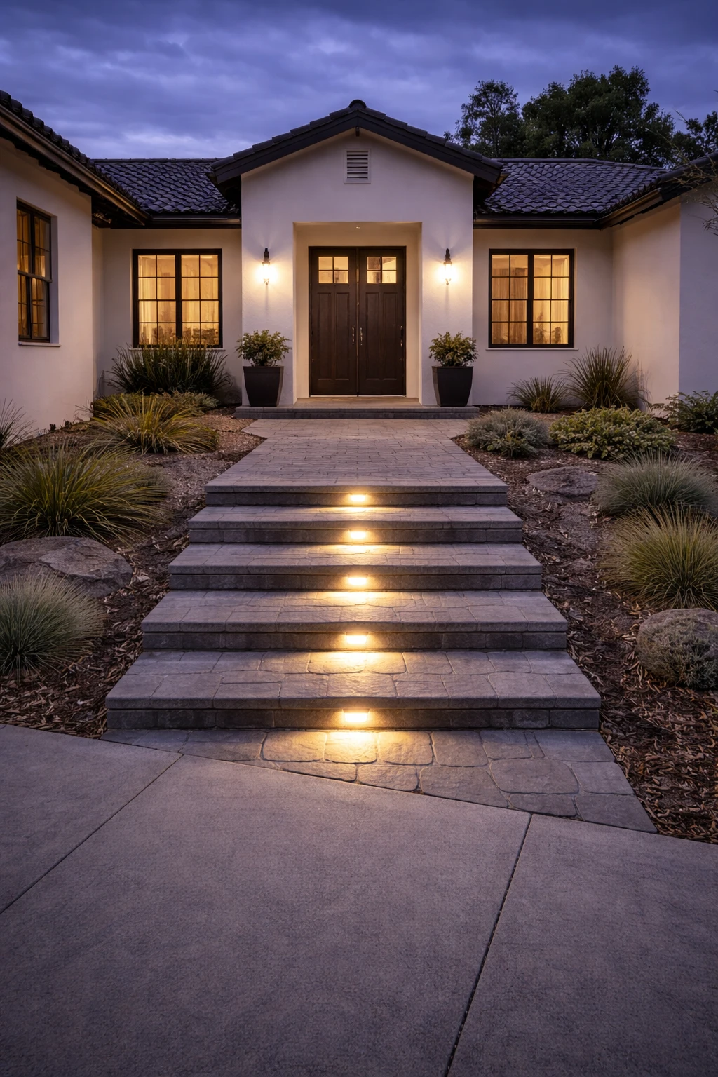 Backyard patio with gray stone tiles, a built-in grill, a rectangular fire pit filled with rocks, and artificial grass bordered by a white fence.