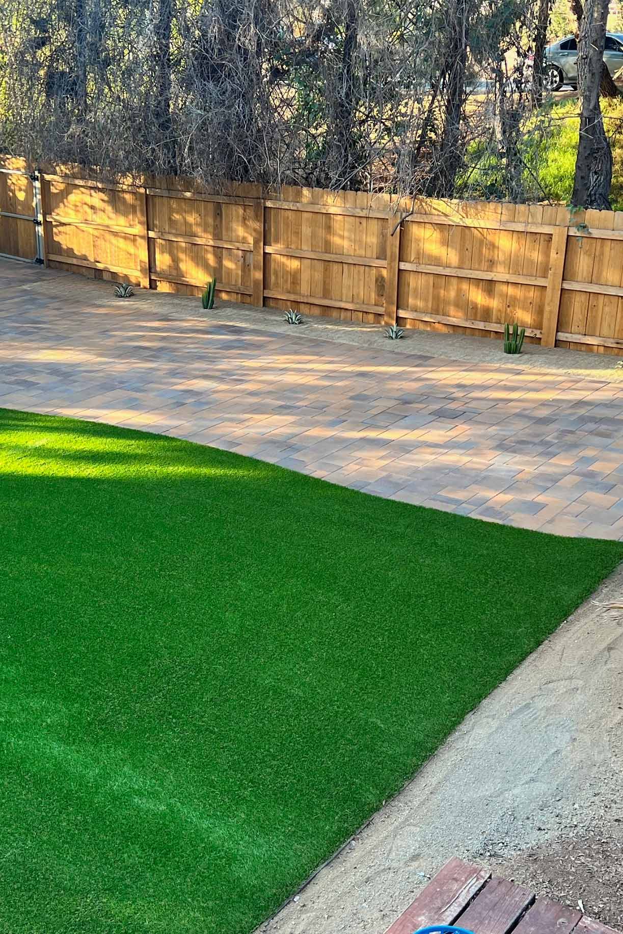 Well-manicured front yard with bright green grass, a large leafy plant cluster, a small palm tree, and a pathway leading to a blue house entrance.