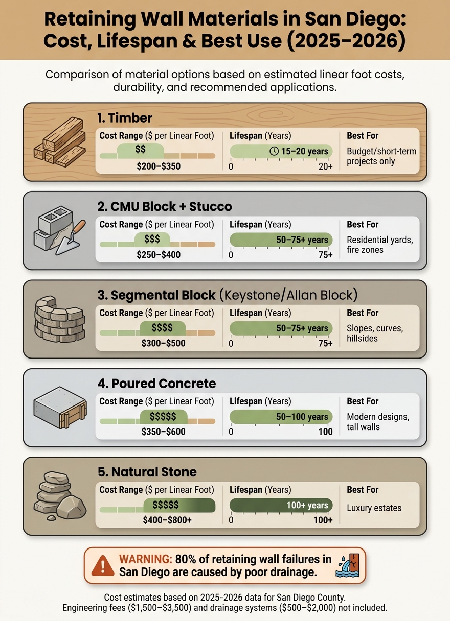 Retaining Wall Materials in San Diego: Cost, Lifespan & Best Use